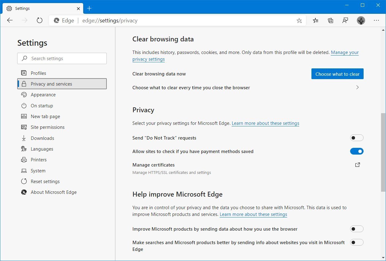Microsoft Edge Chromium settings page