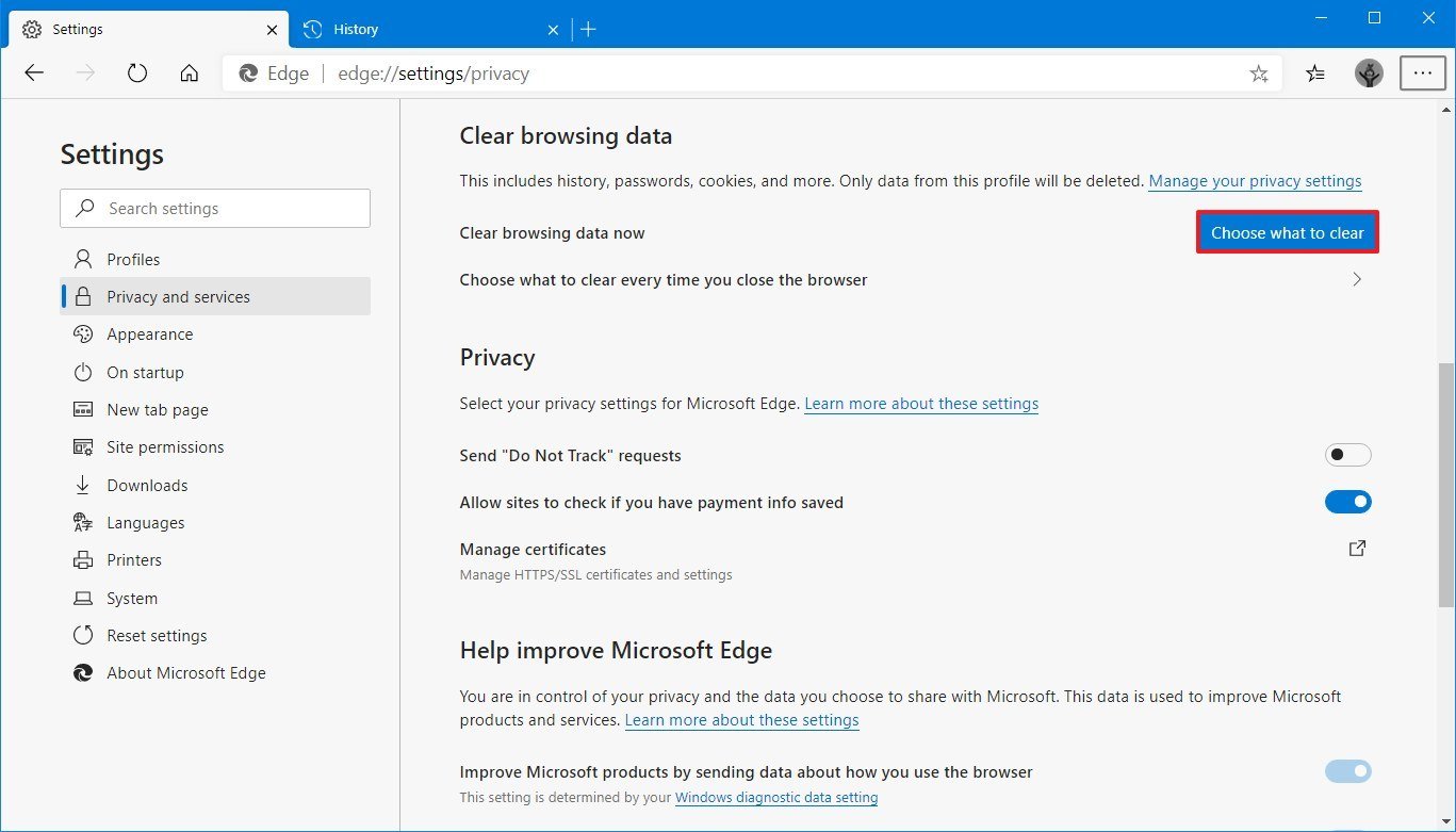 Microsoft Edge clear browsing data options