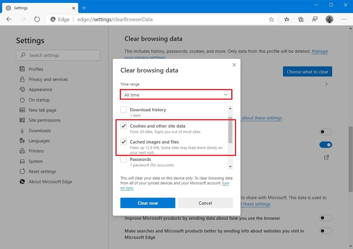 Microsoft Edge Chromium clear browsing data settings