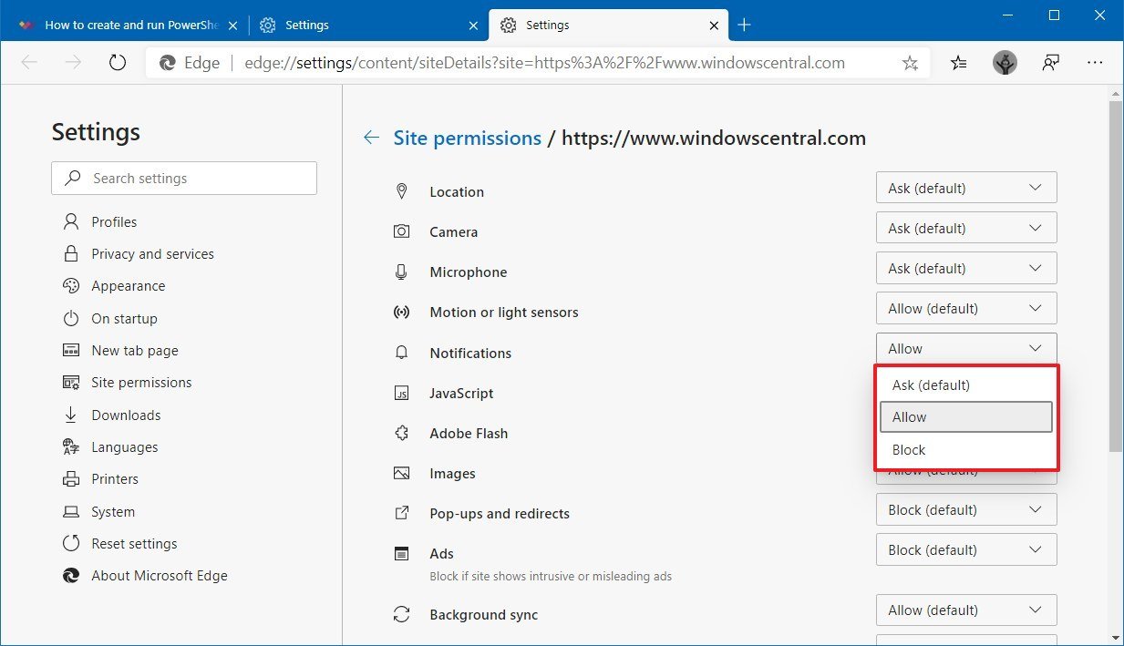 Microsoft Edge notifications settings for website