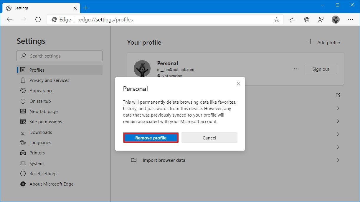 Microsoft Edge Chromium remove profile to fix issues button