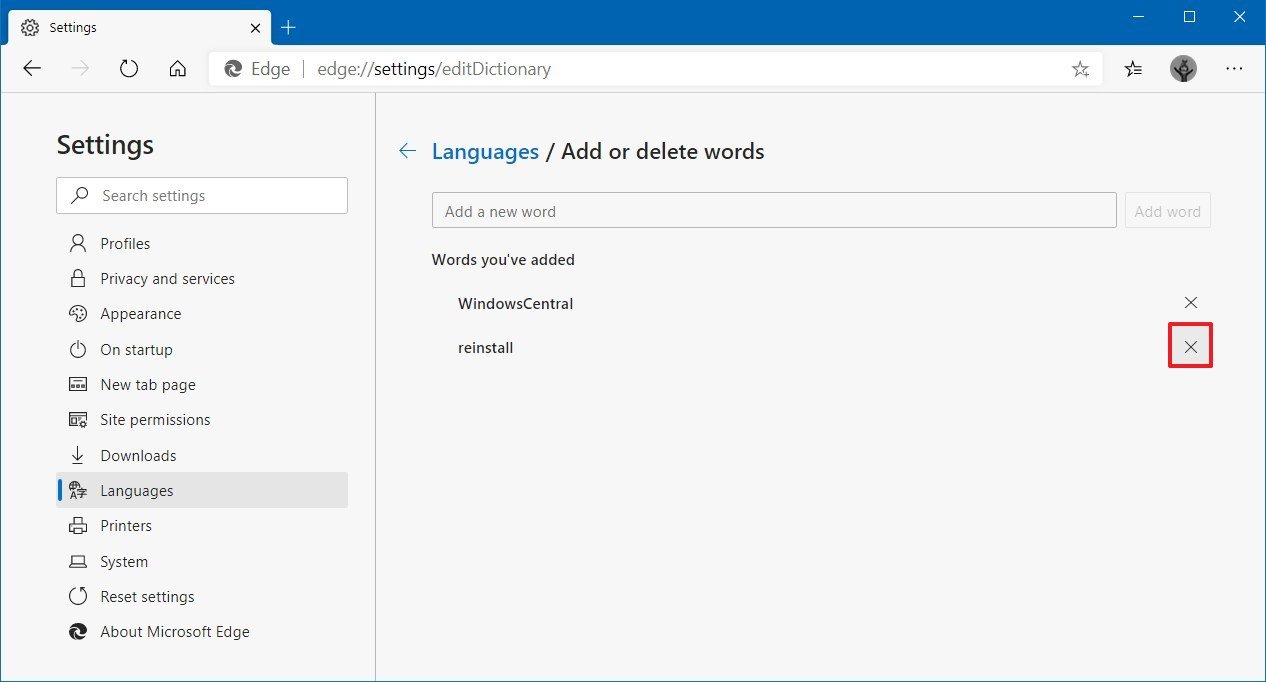 Microsoft Edge remove words from spell checker dictionary