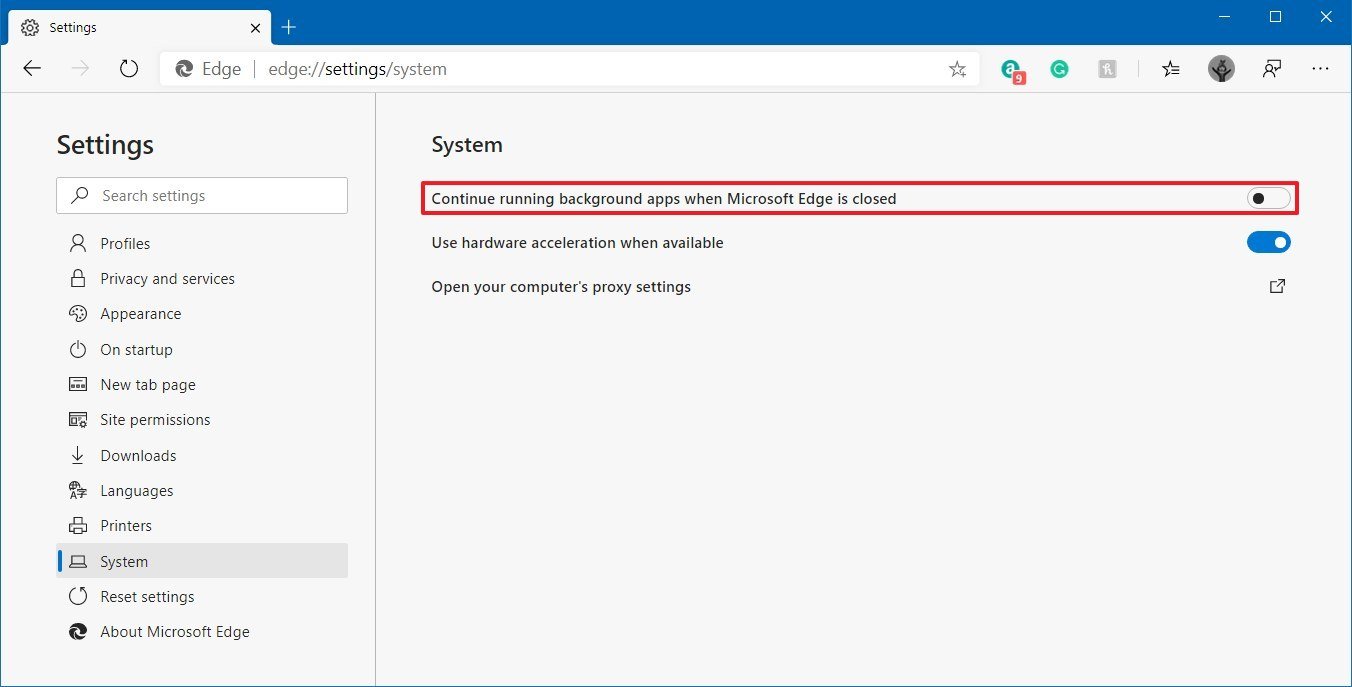 Microsoft Edge disable background processes option