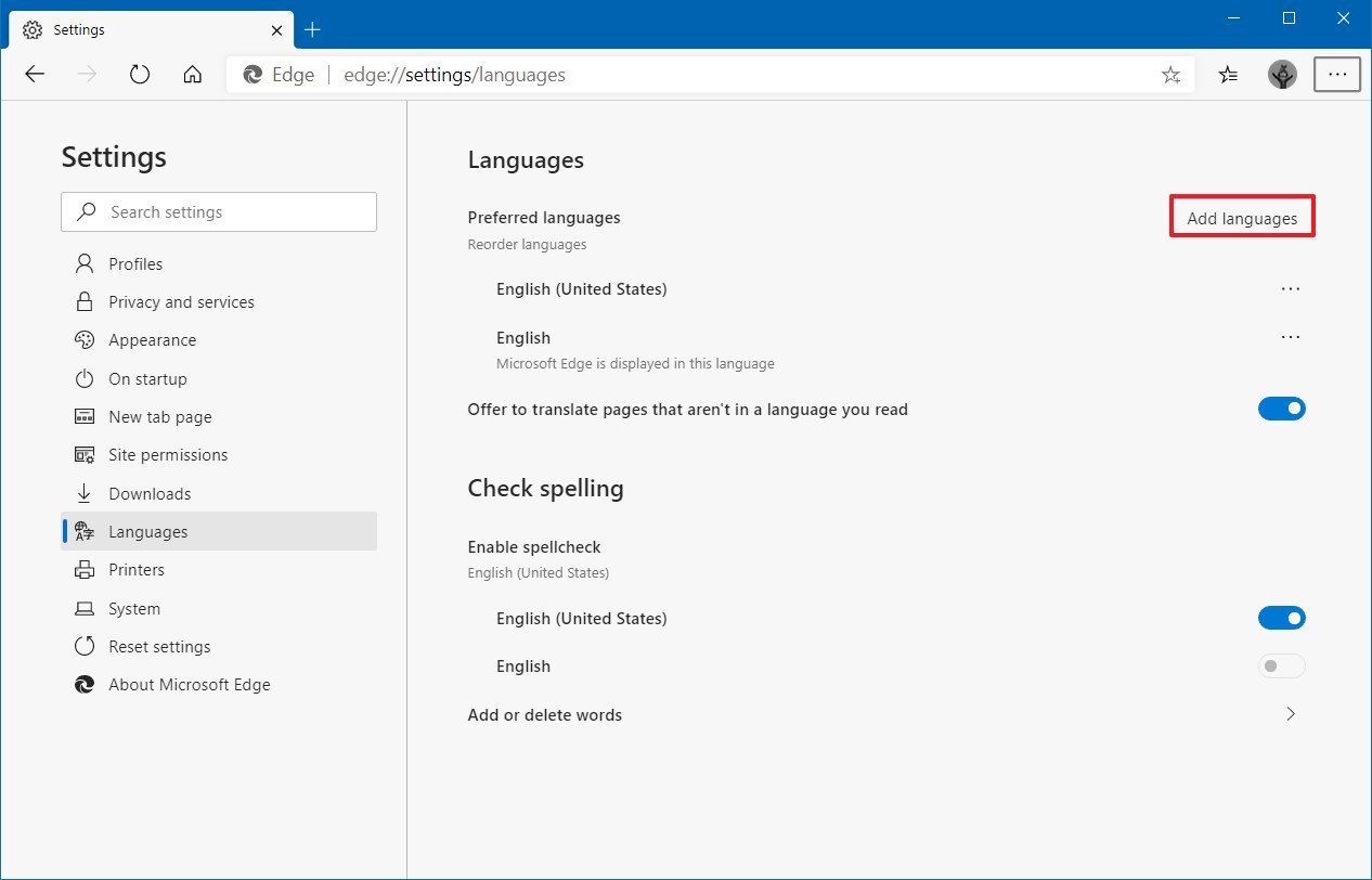 Microsoft Edge add spell checker language