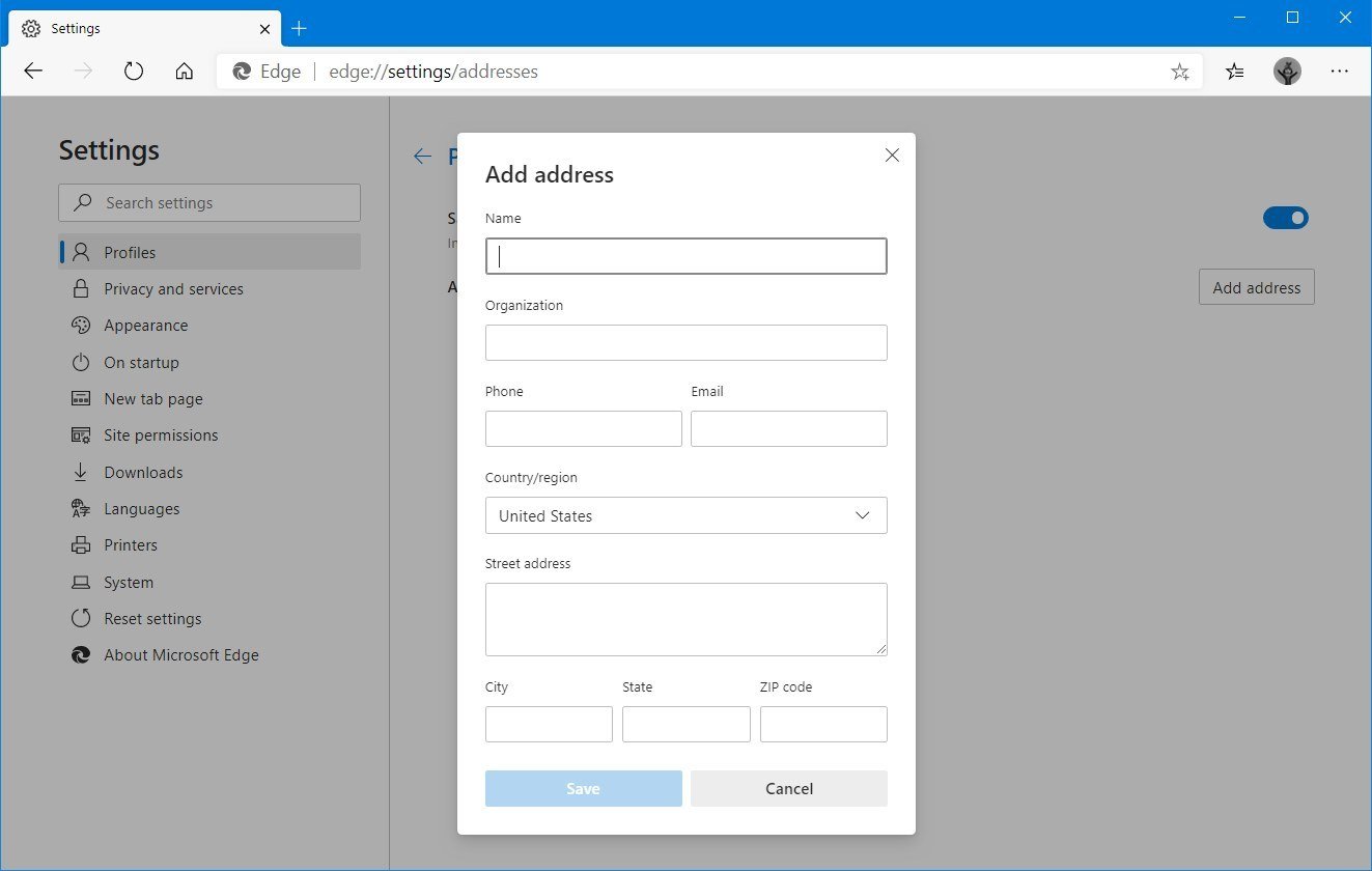 Microsoft Edge addresses settings