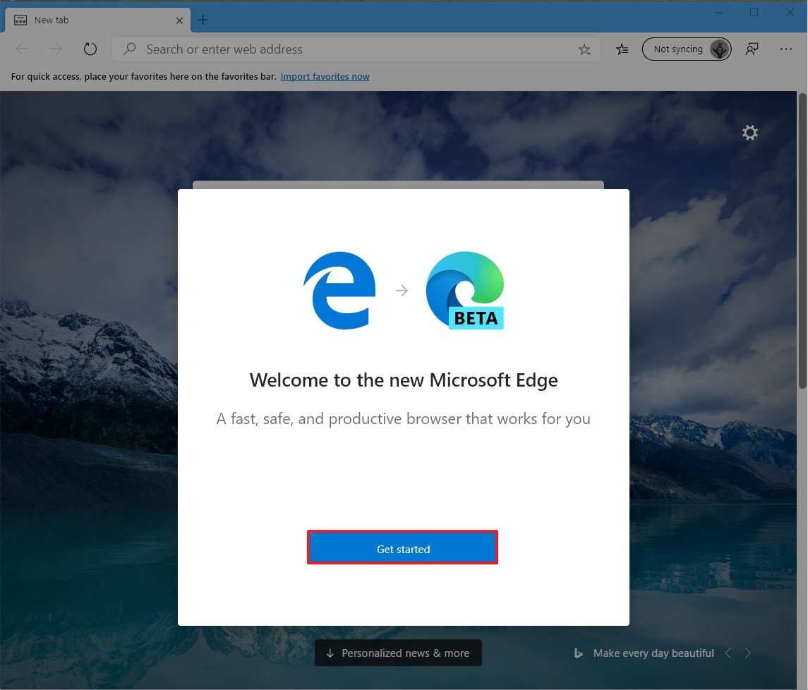 Microsoft Edge Chromium get started option