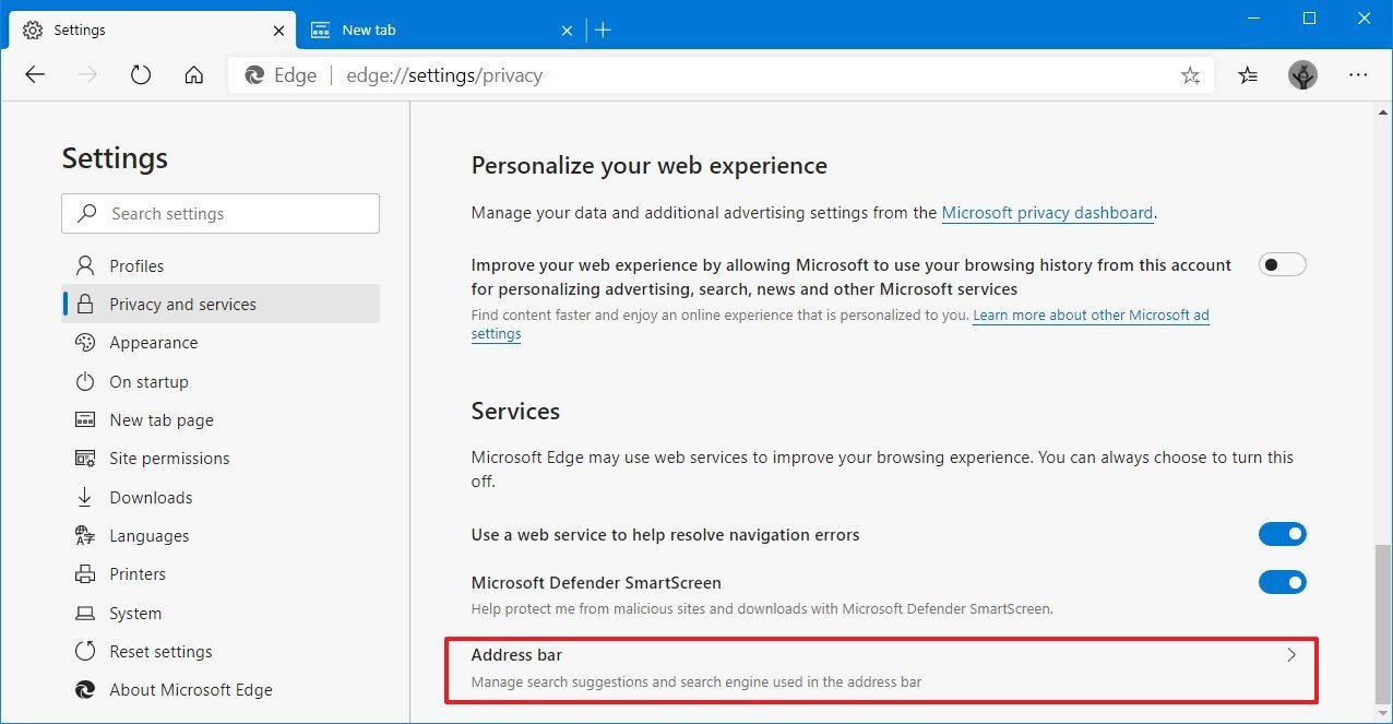 Microsoft Edge Chromium address bar search engine option