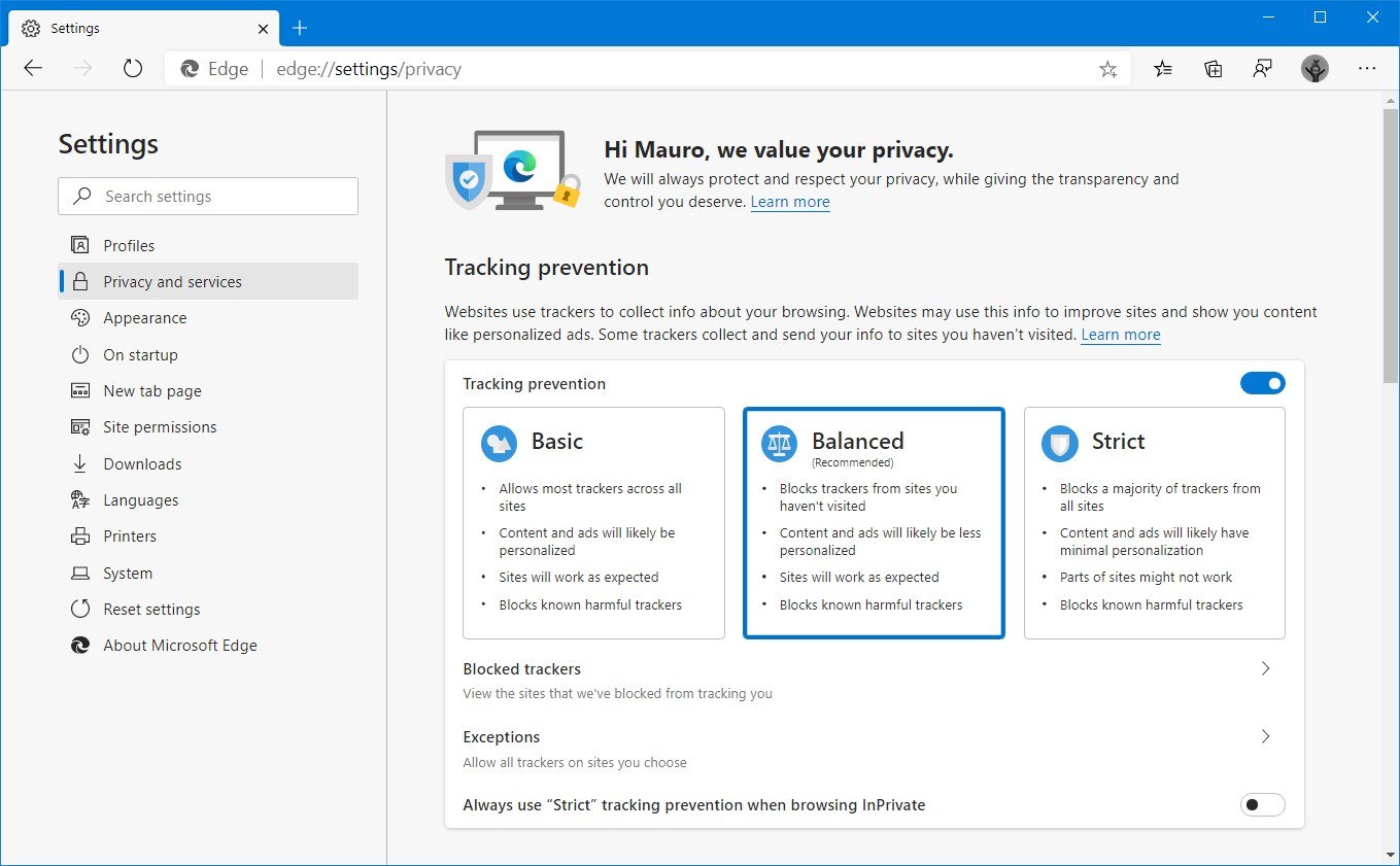 Microsoft Edge Chromium tracking prevention 