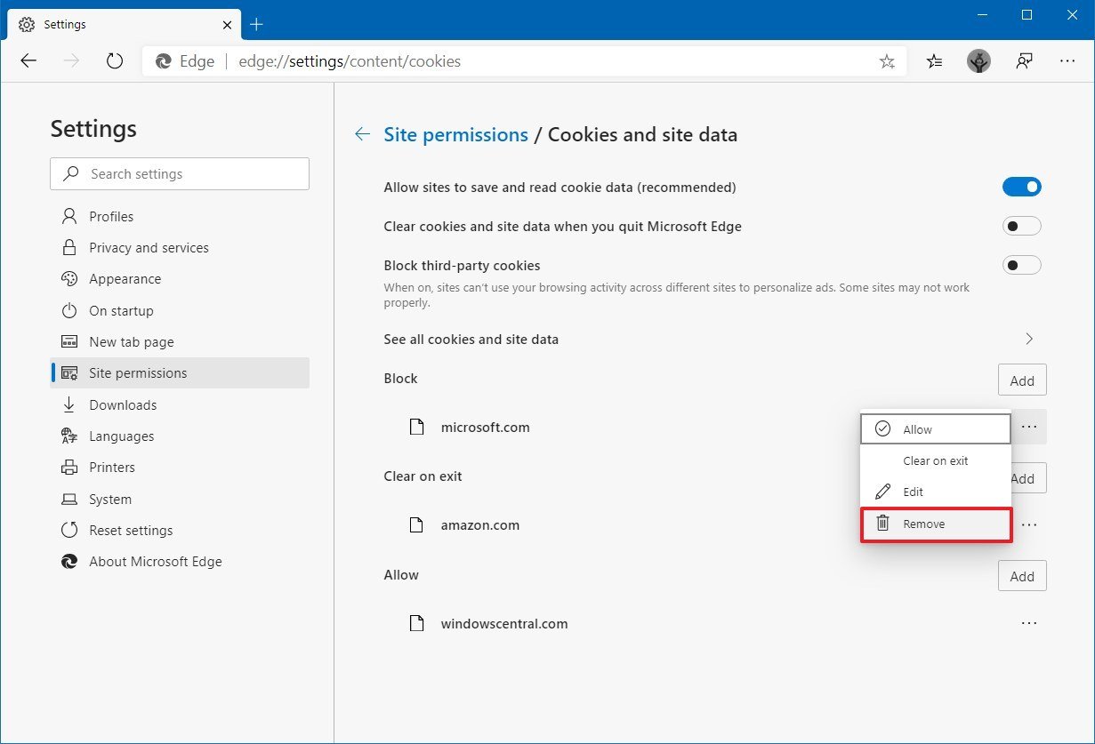 Microsoft Edge reset cookies settings for site option