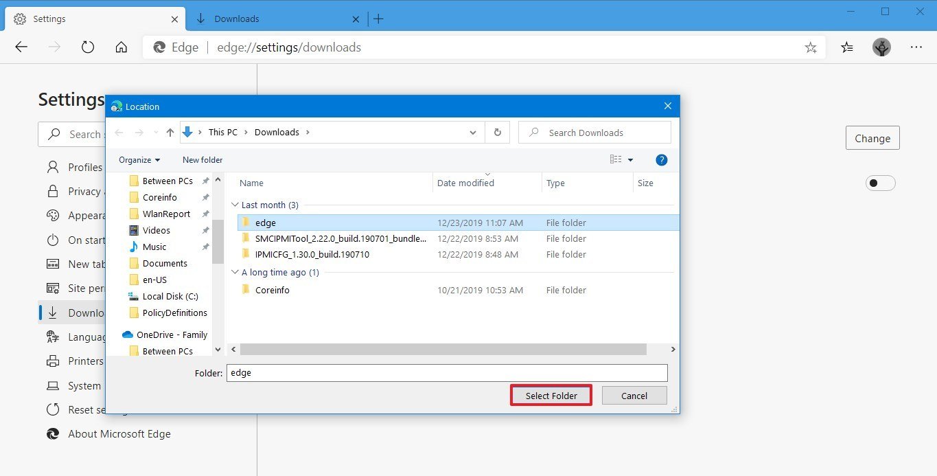 Microsoft Edge select new downloads folder location