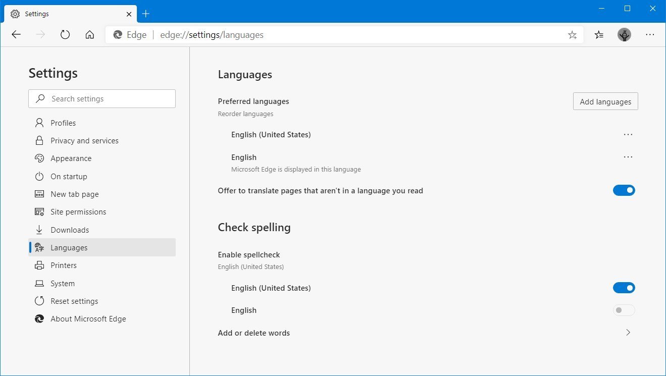 Microsoft Edge Chromium languages settings
