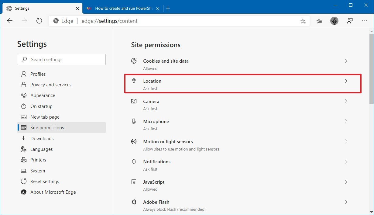 Microsoft Edge location permission option