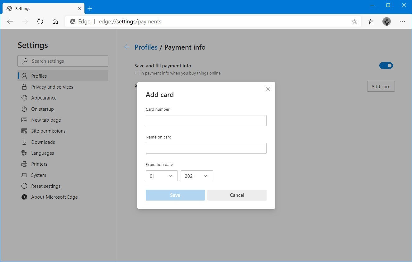 Microsoft Edge payment settings