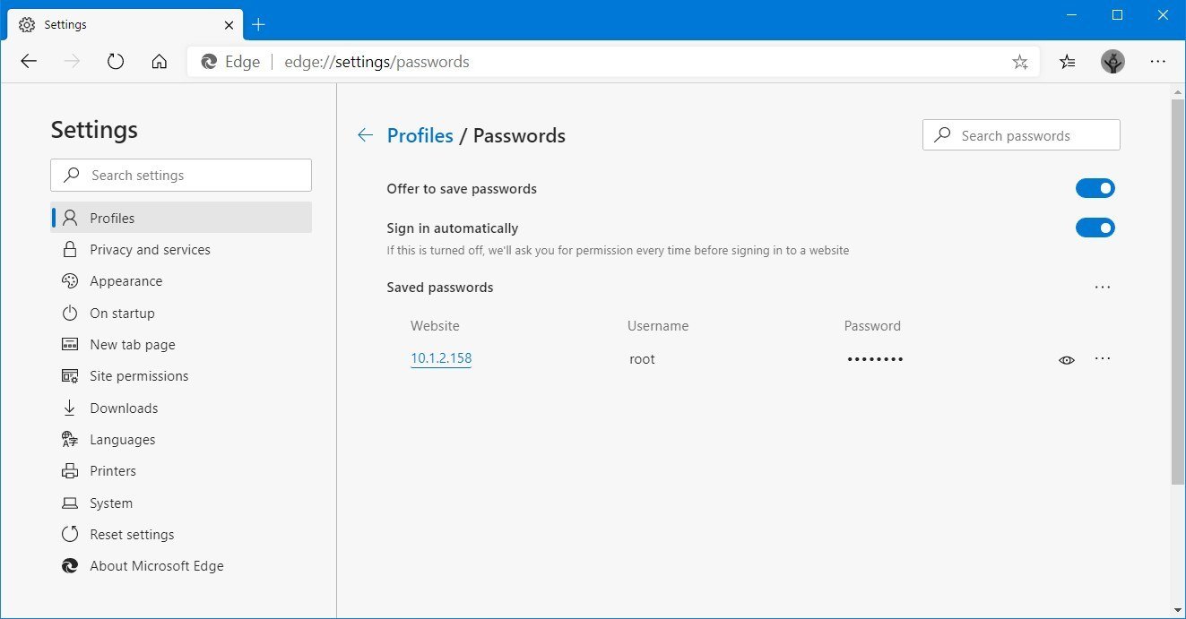 Microsoft Edge password settings