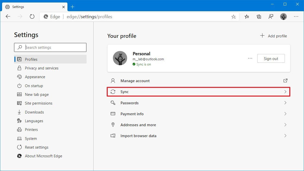 Microsoft Edge Chromium profiles sync option
