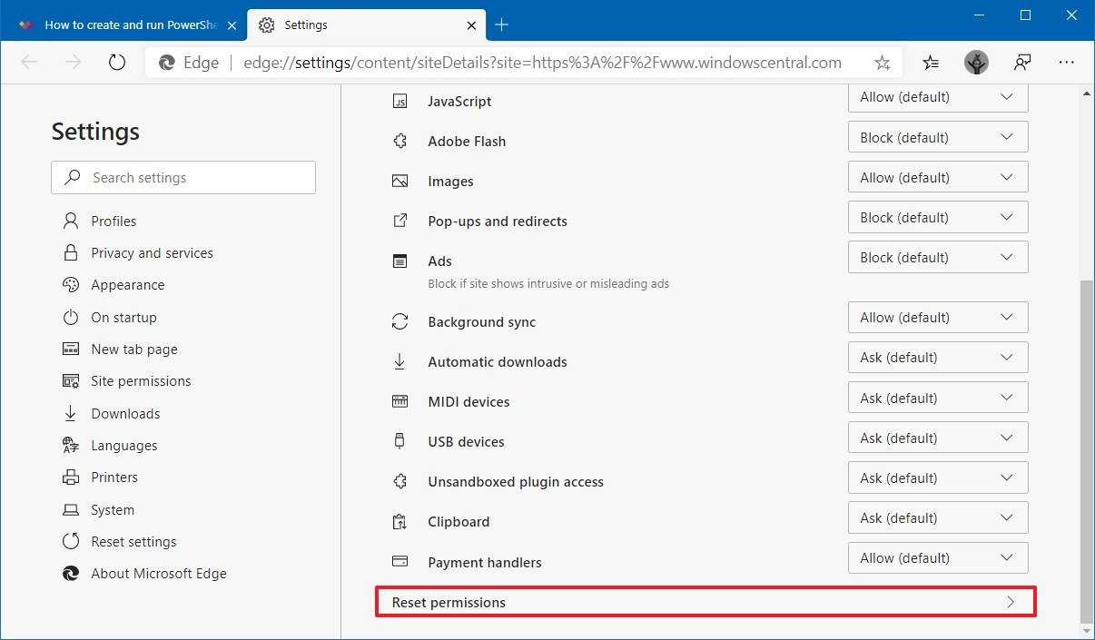 Microsoft Edge reset site permissions option
