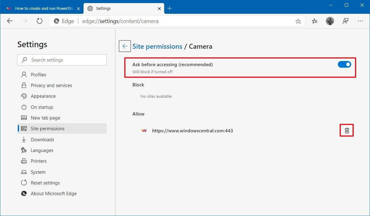 Microsoft Edge single permission settings
