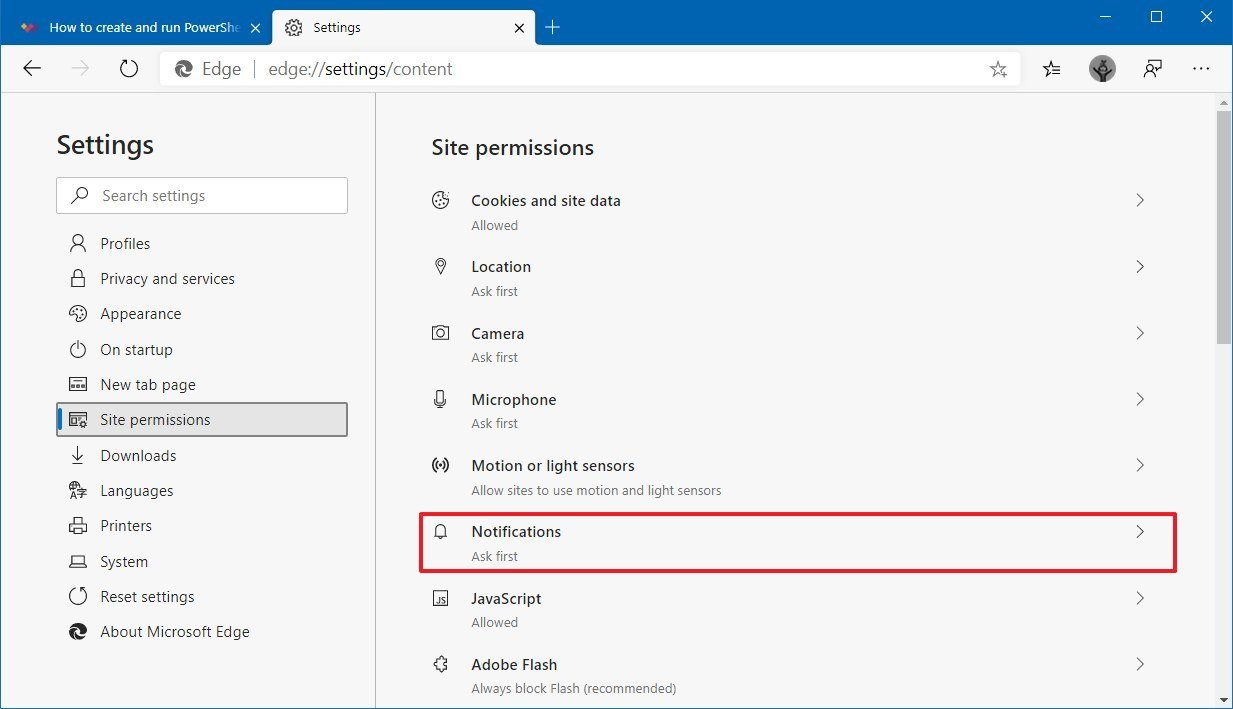 Microsoft Edge site permissions notifications option