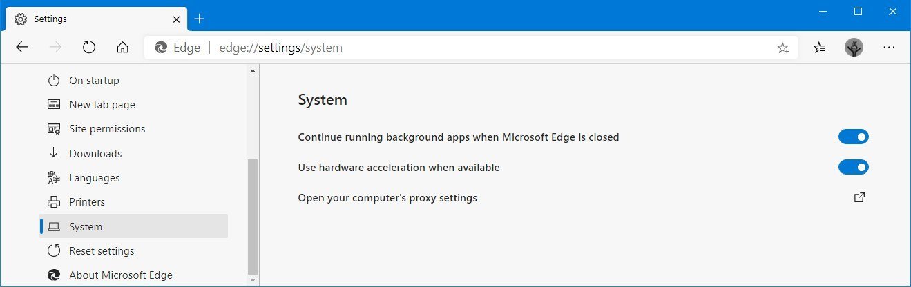 Microsoft Edge Chromium system settings