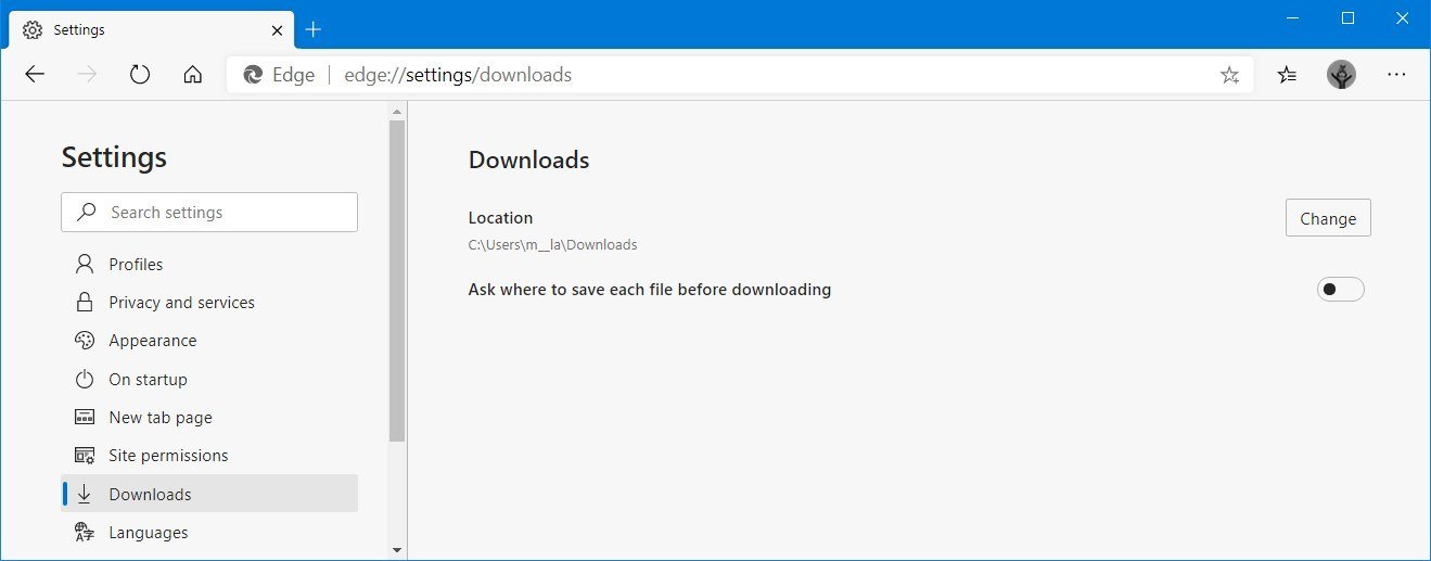 Microsoft Edge Chromium downloads settings