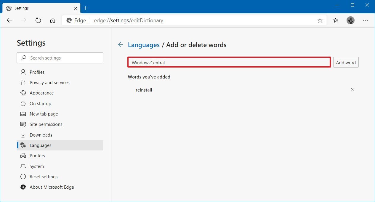 Microsoft Edge add word to spell checker dictionary
