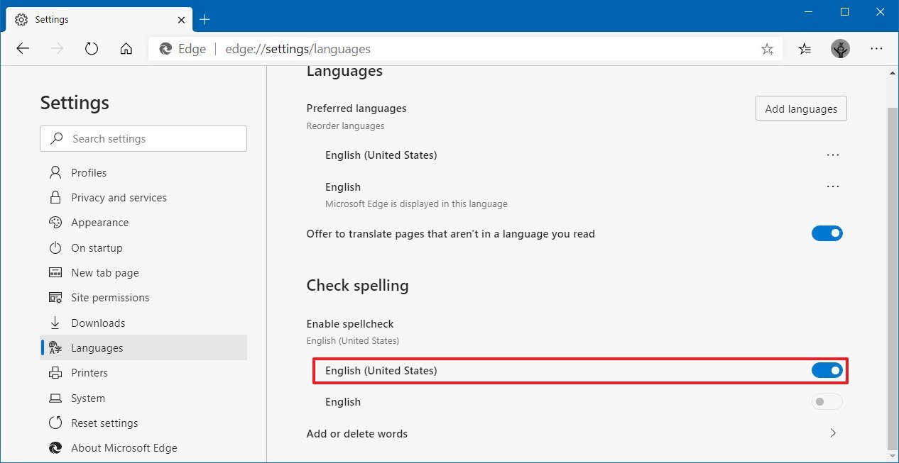 Microsoft Edge enable spell checker
