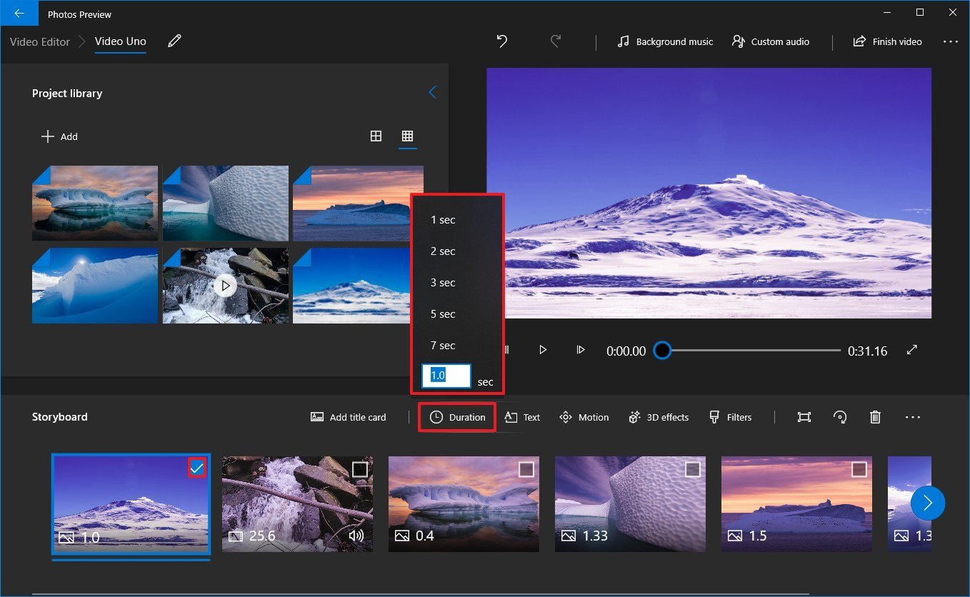 Photos video editor duration option 