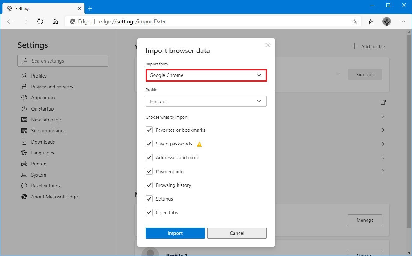 Microsoft Edge Chromium import browser settings option
