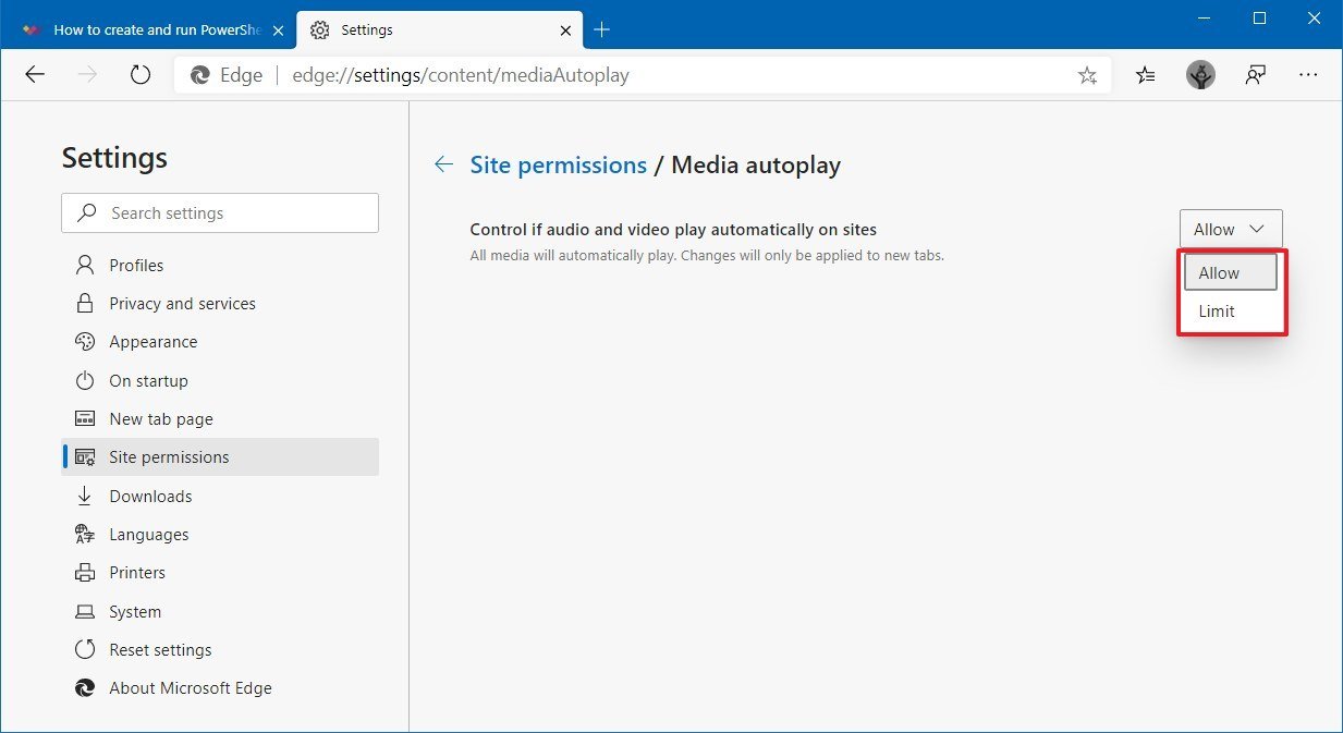 Microsoft Edge media autoplay settings
