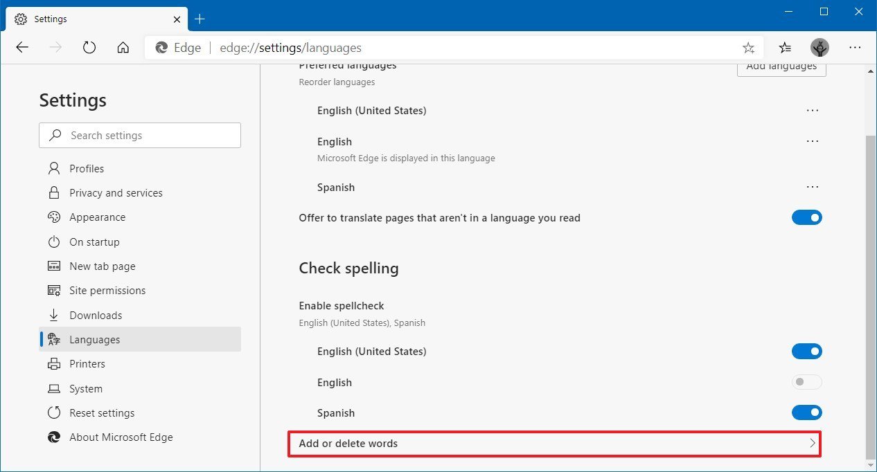 Microsoft Edge add or remove dictionary words
