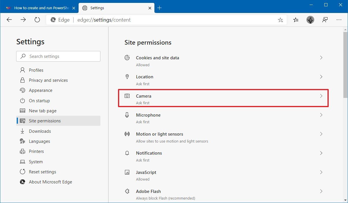 Microsoft Edge list of available permissions