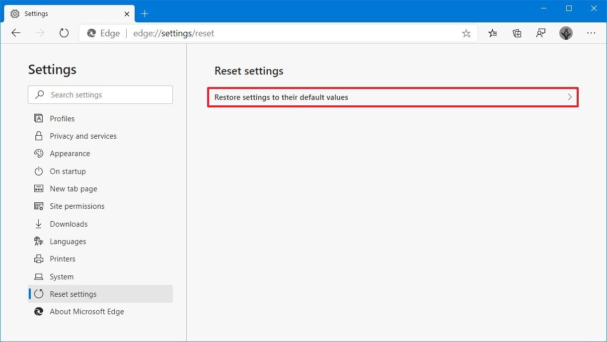 Microsoft Edge Chromium reset settings