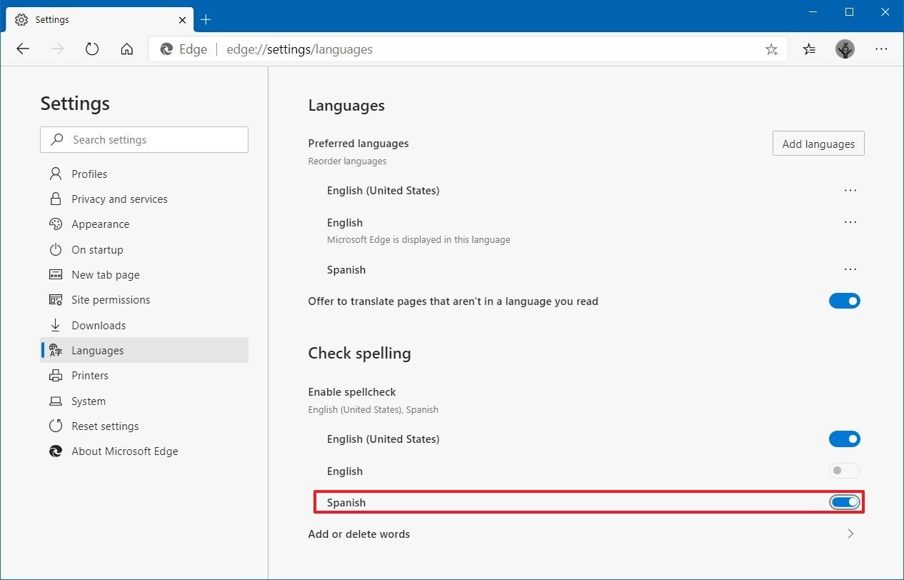 Microsoft Edge enable multiple languages spell checking