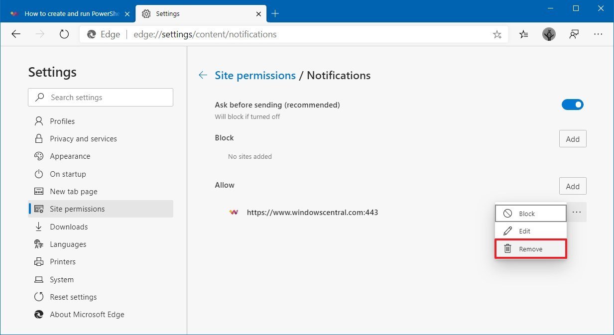 Microsoft Edge notifications access level settings