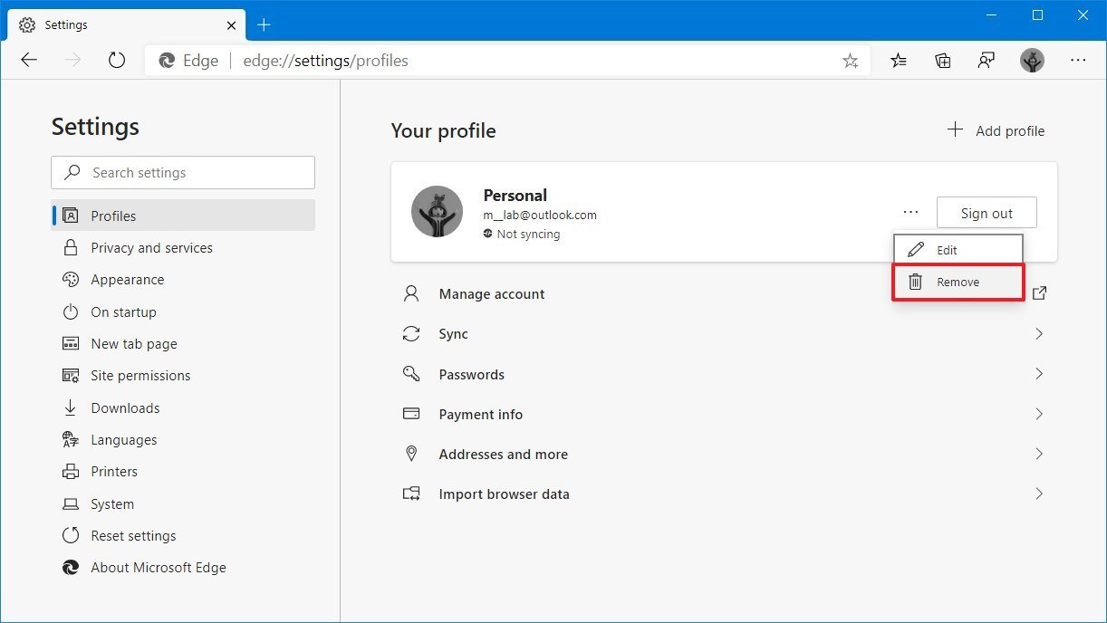 Microsoft Edge Chromium profiles delete option