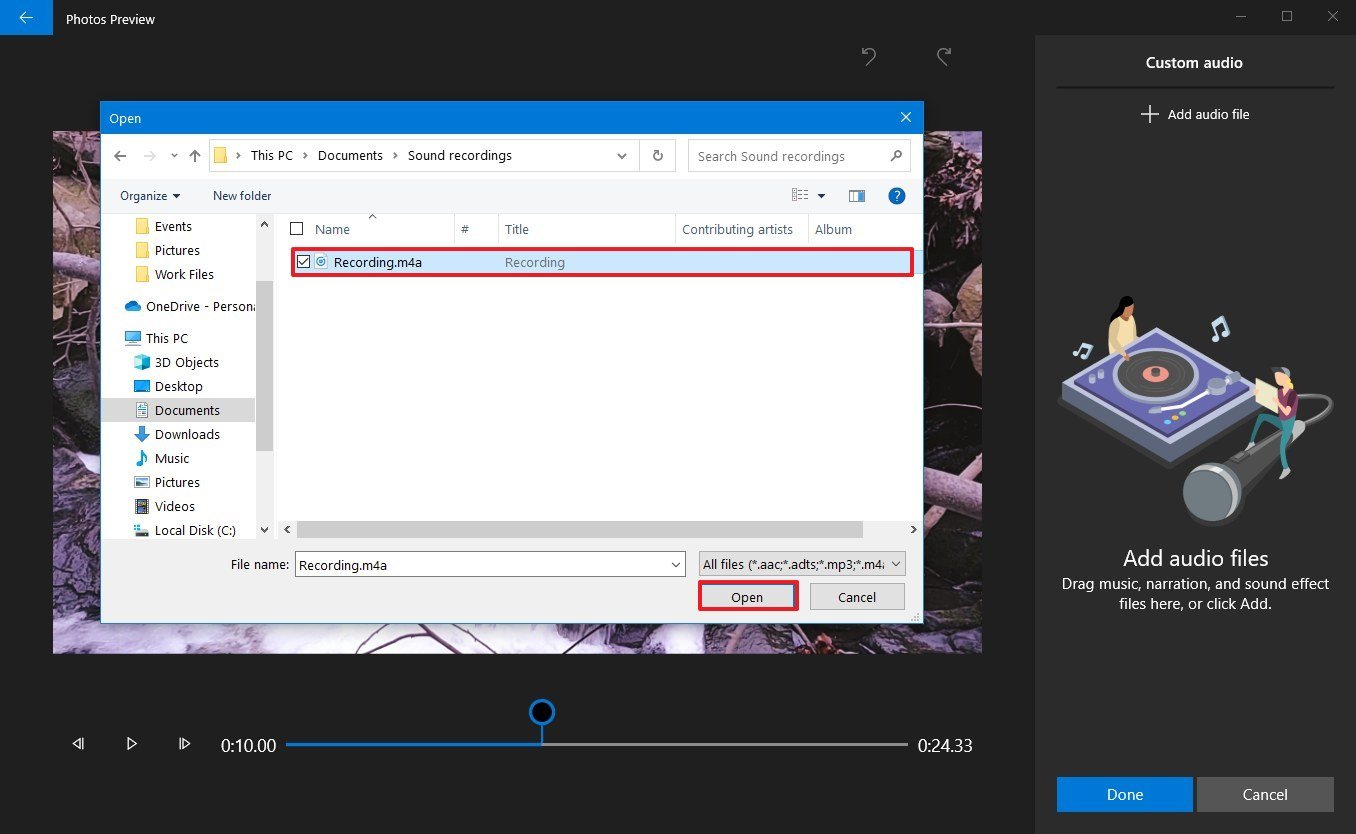 Photos video editor select recording file option