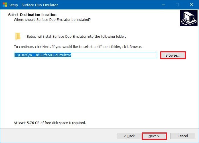 Select Surface Duo emulator files extraction location