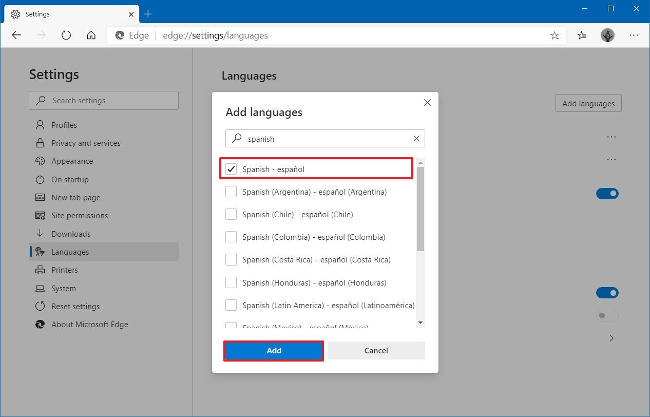Microsoft Edge add new language for spelling