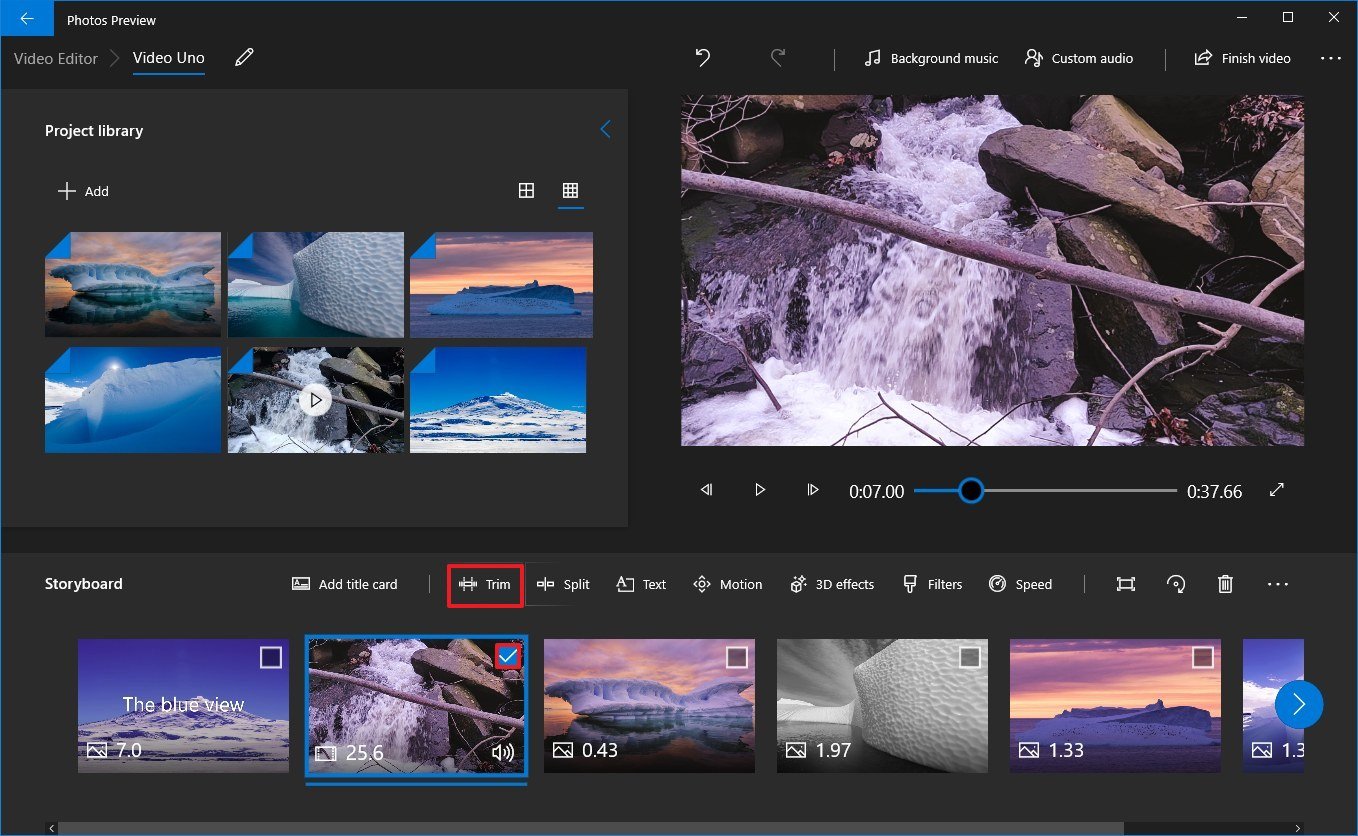 Photos video editor trim video option
