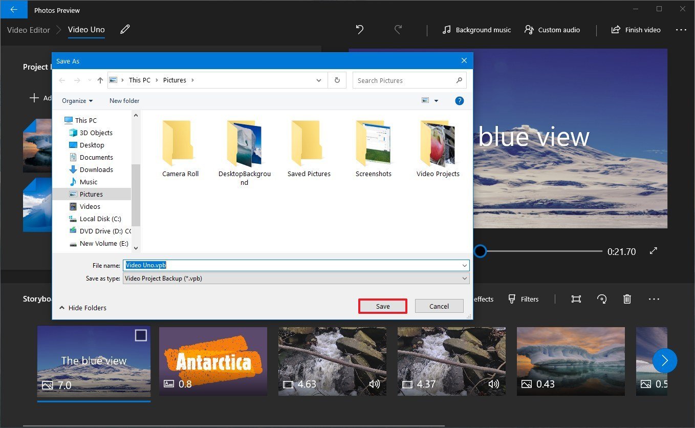 Save video project backup using Windows 10 Photos app