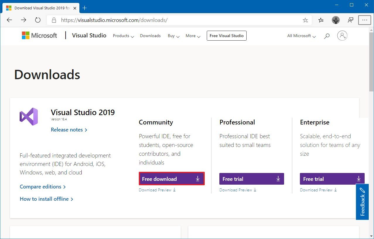Visual Studio 2019 download page