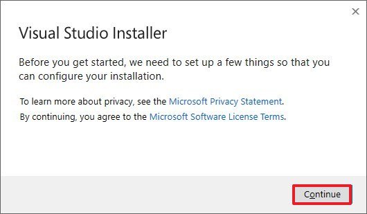 Visual Studio installer prompt
