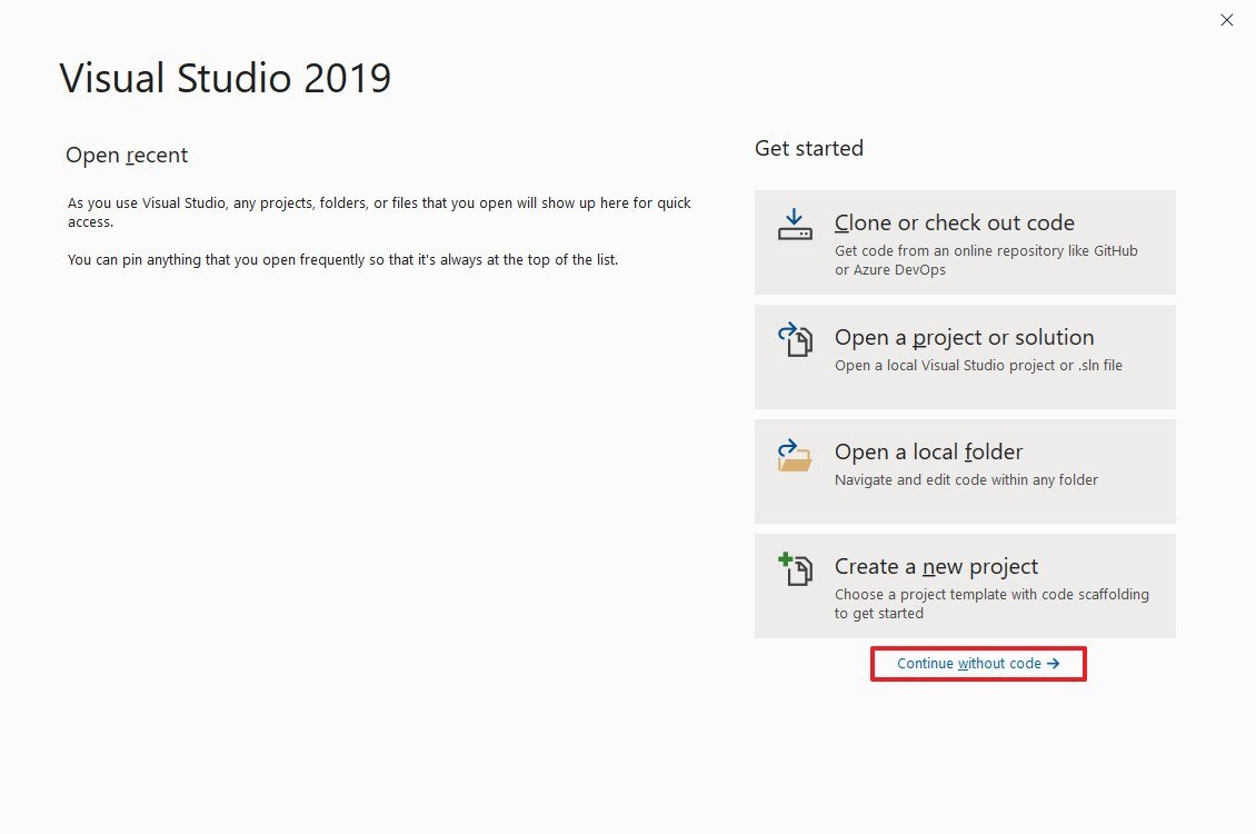Visual Studio 2019 get started options