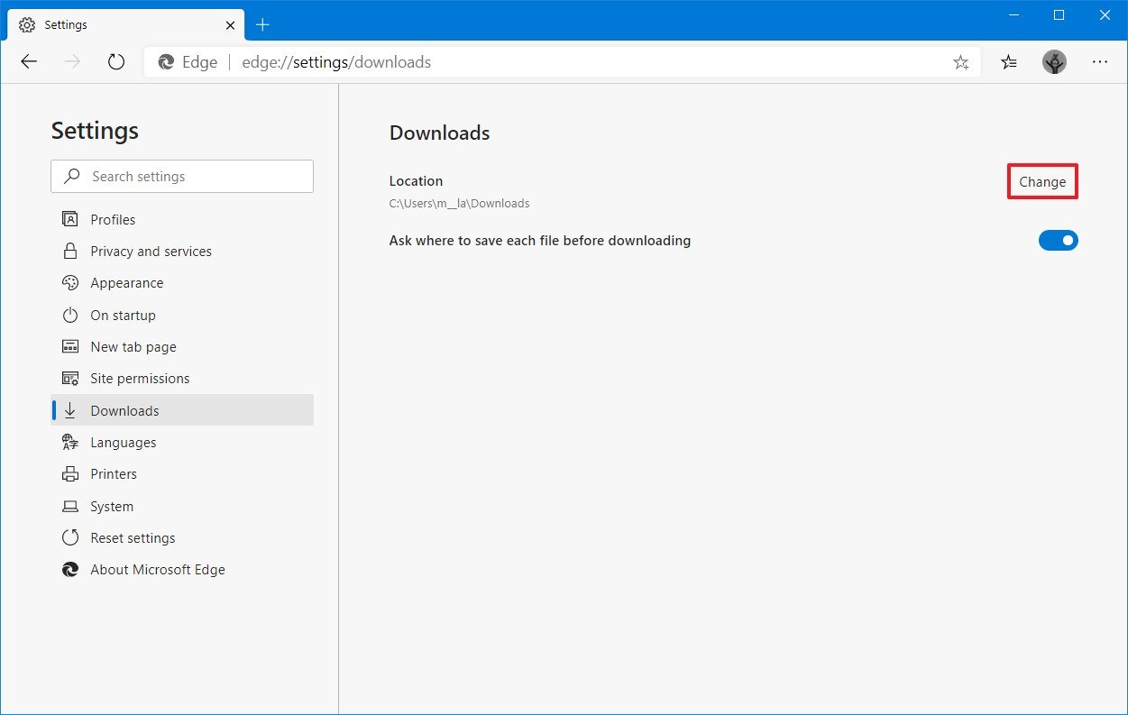 Microsoft Edge change default downloads folder location