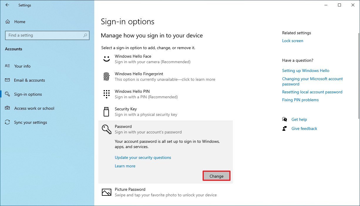 Windows 10 change local account password option