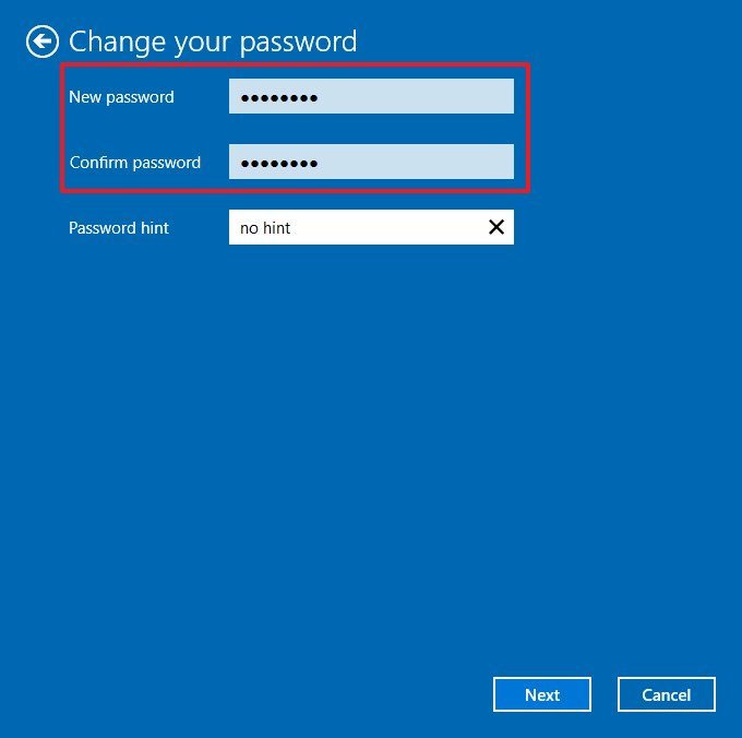 Change local account password on Windows 10