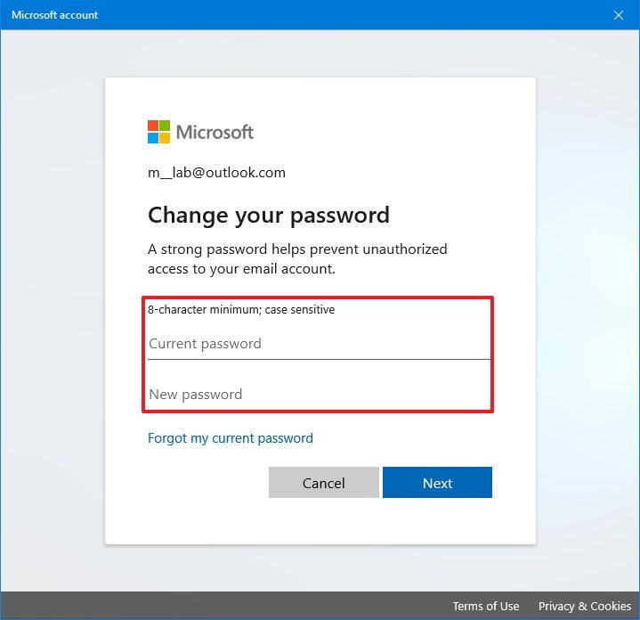 Windows 10 change Microsoft account password