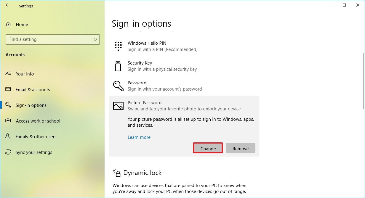 Windows 10 change picture password option
