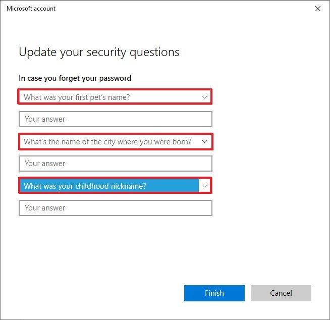 Windows 10 change security questions option