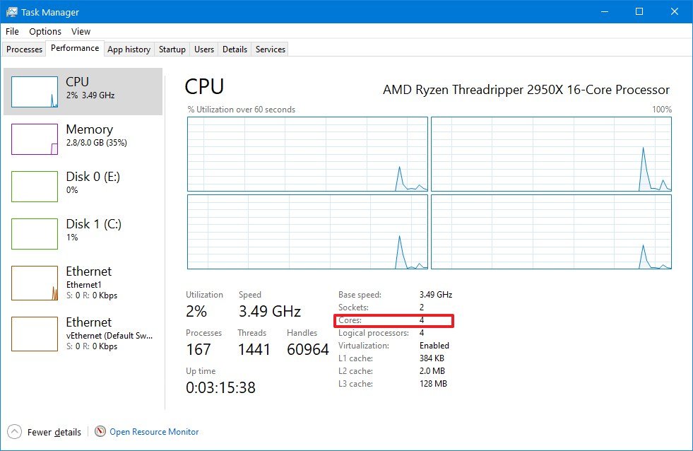 Windows 10 checks the number of processor cores